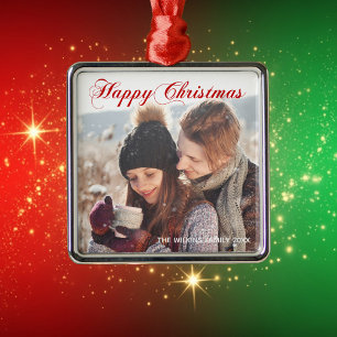 Happy Christmas Red Elegant Script Couple Photo Metal Ornament