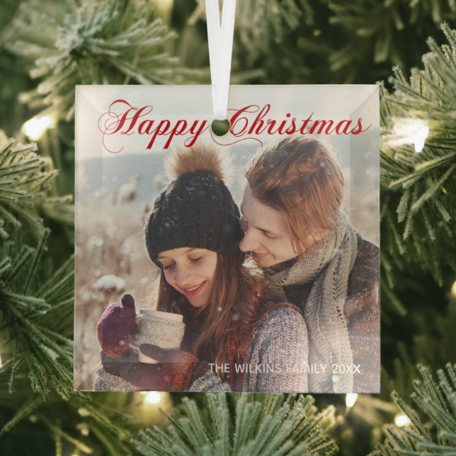 Happy Christmas Red Elegant Script Family Photo Glass Ornament (Insitu)