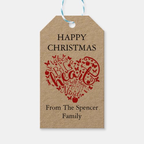 Happy christmas red heart  teacher thank you gift tags