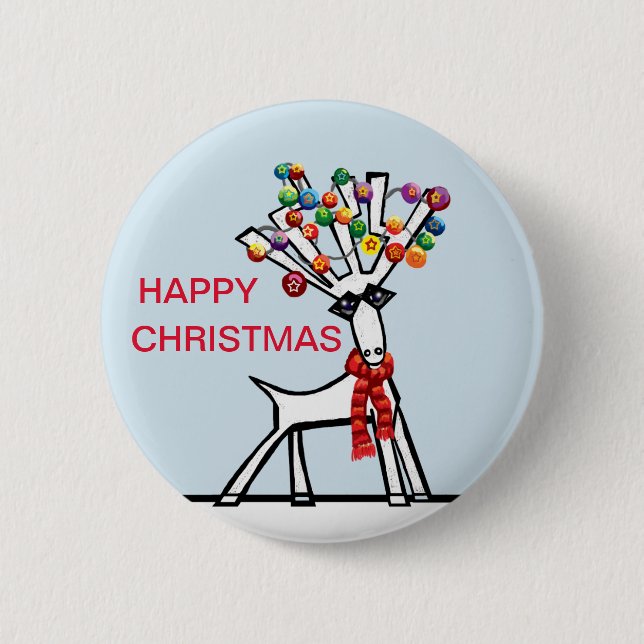 Happy Christmas reindeer and party lights in snow Button (Front)
