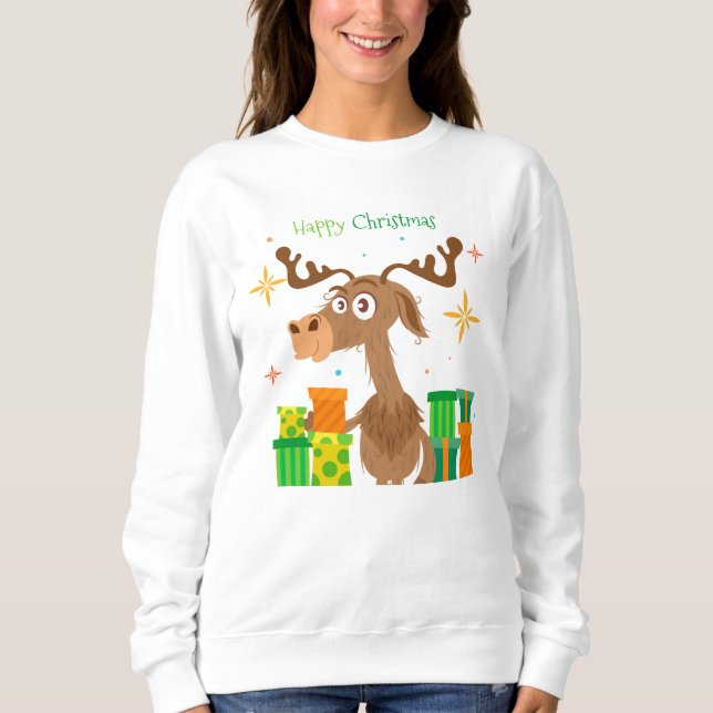 Happy Christmas Reindeer Cartoon | Holidays Sweatshirt (Front)