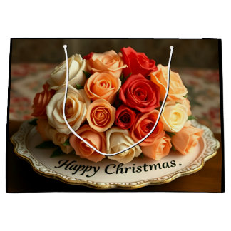 Happy Christmas Rose Flowers Bouquet Decoupage Large Gift Bag