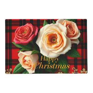 Happy Christmas Rose Flowers Bouquet Red Tartan Placemat
