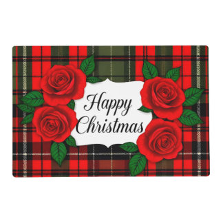 Happy Christmas Rose Flowers Red Tartan Plaid Placemat