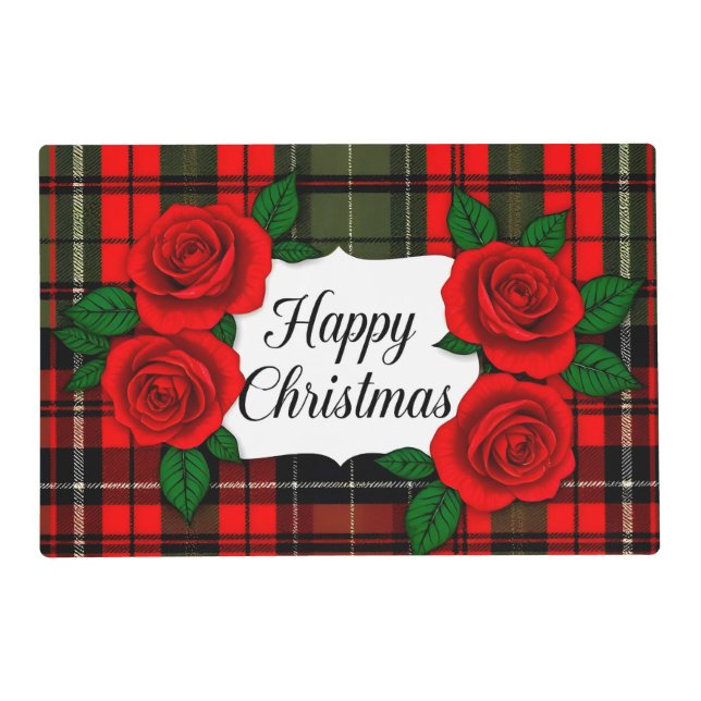 Happy Christmas Rose Flowers Red Tartan Plaid Placemat (Front)