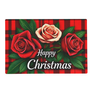 Happy Christmas Rose Flowers Red Tartan Plaid Placemat