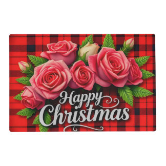 Happy Christmas Rose Flowers Red Tartan Plaid Placemat