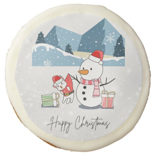 Happy Christmas Santa Cat and Snowman Sugar Cookie