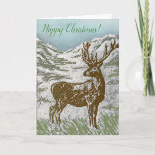 Happy Christmas Scottish Deer Snowy Glen Linocut Holiday Card