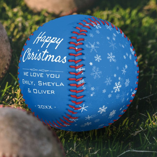 Happy Christmas Script Blue Snowflake Pattern Baseball (Creator Uploaded)