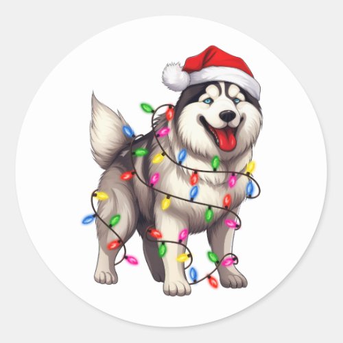 Happy Christmas Siberian Husky with Santa Hat Classic Round Sticker