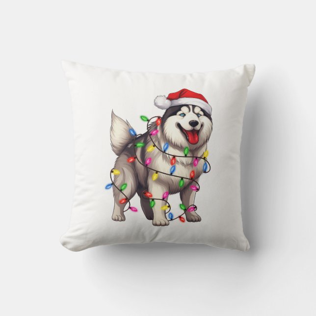 Happy Christmas Siberian Husky with Santa Hat Throw Pillow (Front)