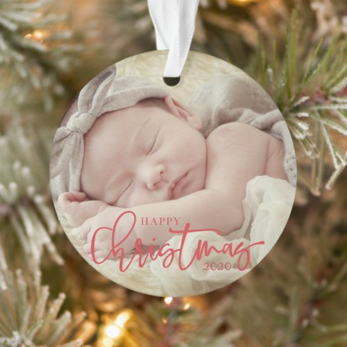 Happy Christmas Simple Script Custom Baby Photo Ornament
