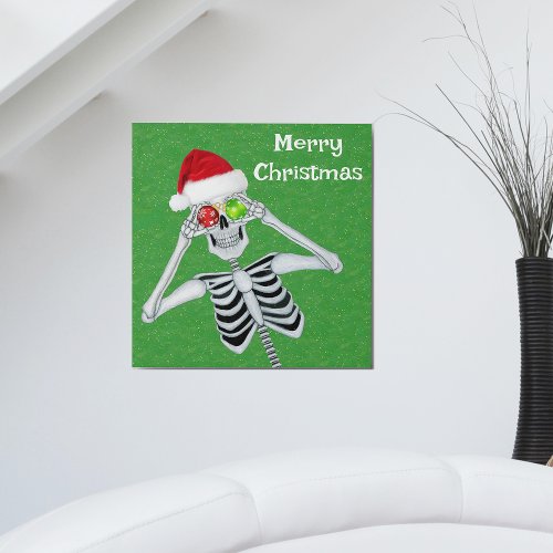 Happy Christmas Skeleton Holding Shiny Ornaments Peel And Stick Photo Tile