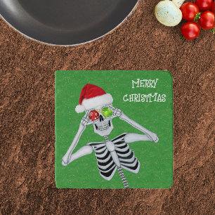 Happy Christmas Skeleton Ornament Eyes Santa Hat Trivet