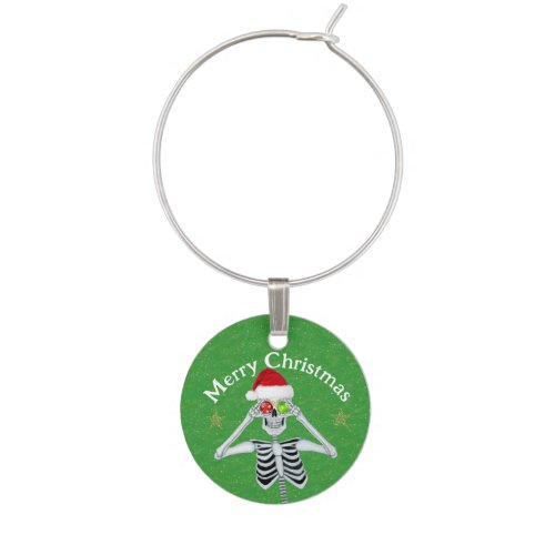 Happy Christmas Skeleton Stars Ornaments on Green Wine Charm