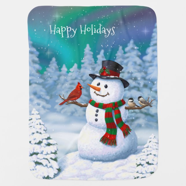 Happy Christmas Snowman & Birds Winter Scene Baby Blanket (Front)