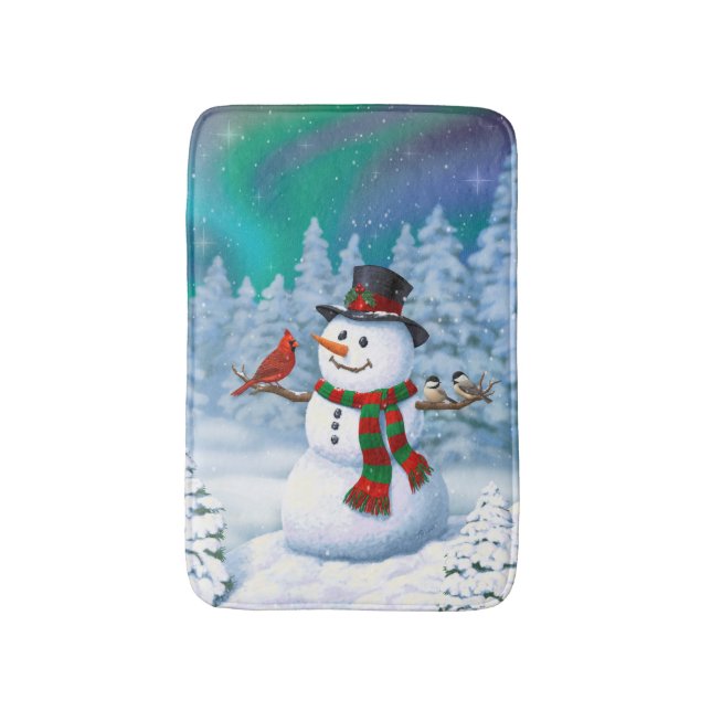 Happy Christmas Snowman & Birds Winter Scene Bathroom Mat (Front Vertical)