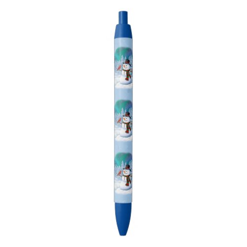 Happy Christmas Snowman  Birds Winter Scene Blue Ink Pen