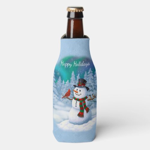 Happy Christmas Snowman  Birds Winter Scene Bottle Cooler