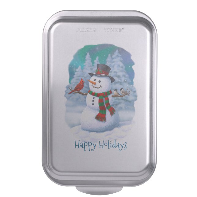 Happy Christmas Snowman & Birds Winter Scene Cake Pan (Front Vertical)