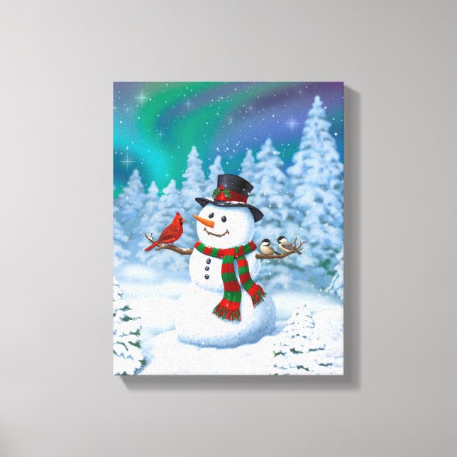 Happy Christmas Snowman & Birds Winter Scene Canvas Print (Front)