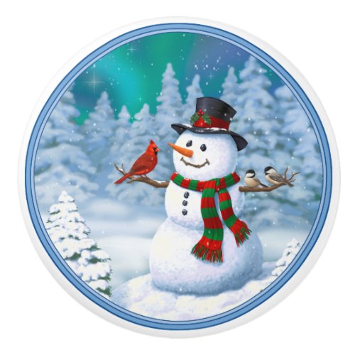 Happy Christmas Snowman  Birds Winter Scene Ceramic Knob