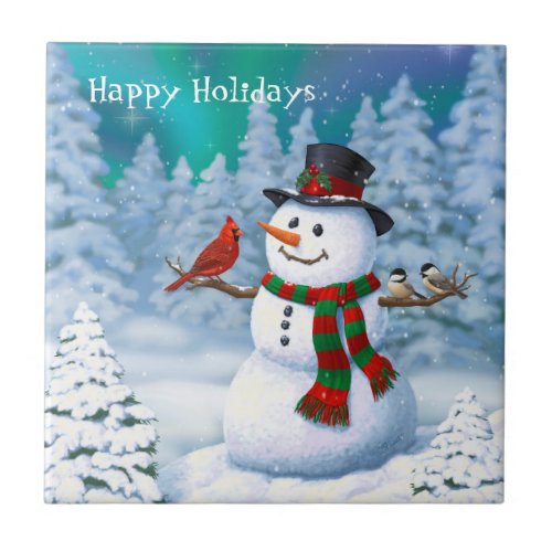 Happy Christmas Snowman  Birds Winter Scene Ceramic Tile