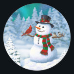 Happy Christmas Snowman & Birds Winter Scene Classic Round Sticker<br><div class="desc">A jolly snowman in a winter scene with cute birds perched on its arms.</div>