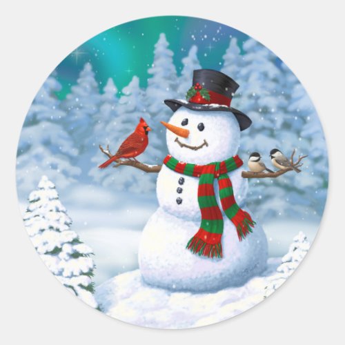 Happy Christmas Snowman  Birds Winter Scene Classic Round Sticker