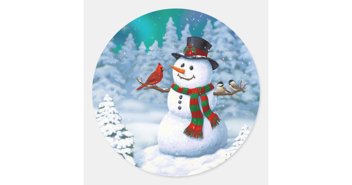 Happy Christmas Snowman & Birds Winter Scene Classic Round Sticker | Zazzle.com