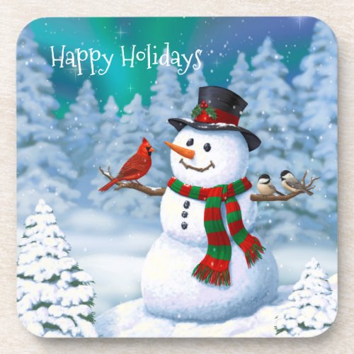 Happy Christmas Snowman  Birds Winter Scene Coaster