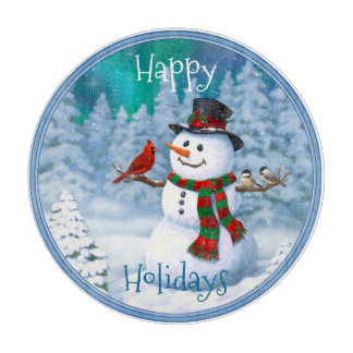Happy Christmas Snowman & Birds Winter Scene Cutting Board