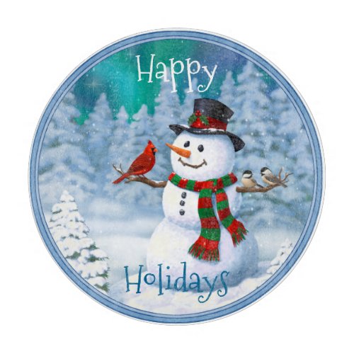 Happy Christmas Snowman  Birds Winter Scene Cutting Board