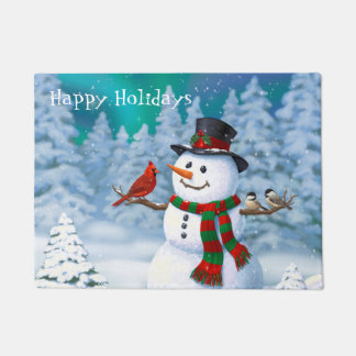 Happy Christmas Snowman & Birds Winter Scene Doormat