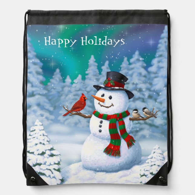 Happy Christmas Snowman & Birds Winter Scene Drawstring Bag (Front)