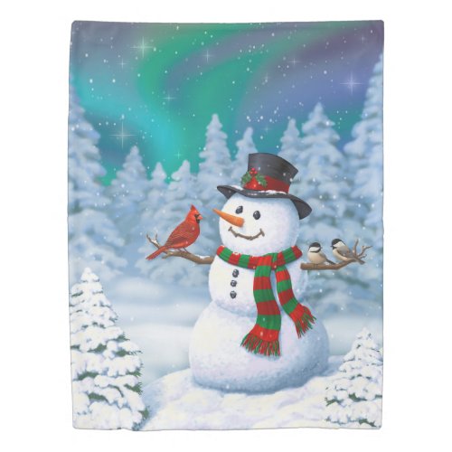 Happy Christmas Snowman  Birds Winter Scene Duvet Cover