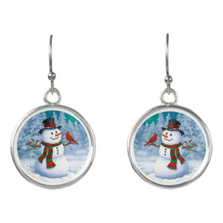 Happy Christmas Snowman & Birds Winter Scene Earrings
