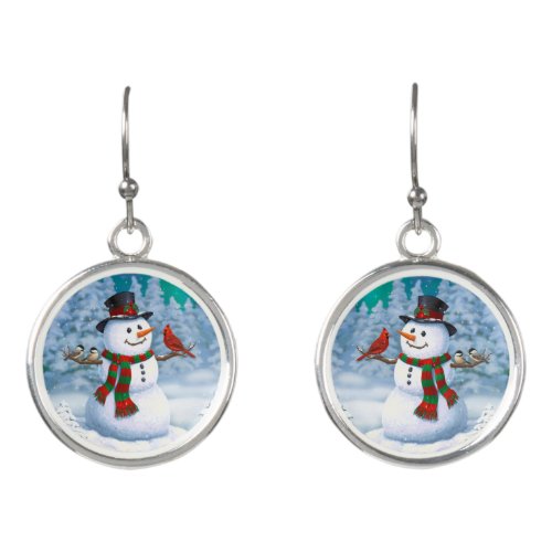 Happy Christmas Snowman  Birds Winter Scene Earrings