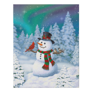 Happy Christmas Snowman & Birds Winter Scene Faux Canvas Print