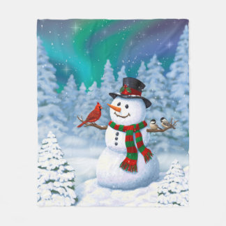 Happy Christmas Snowman & Birds Winter Scene Fleece Blanket