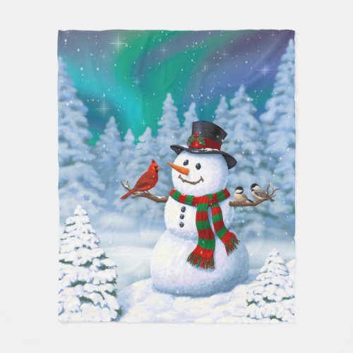 Happy Christmas Snowman  Birds Winter Scene Fleece Blanket