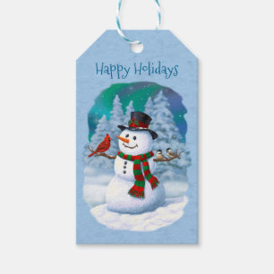 Happy Christmas Snowman & Birds Winter Scene Gift Tags