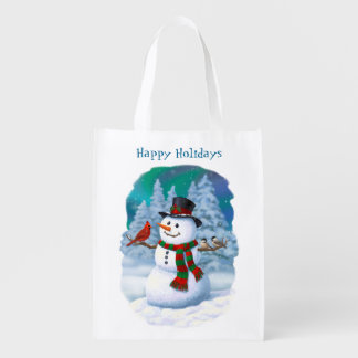 Happy Christmas Snowman & Birds Winter Scene Grocery Bag