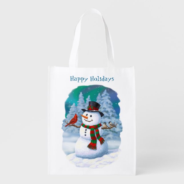 Happy Christmas Snowman & Birds Winter Scene Grocery Bag (Front)