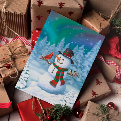 Happy Christmas Snowman  Birds Winter Scene Holiday Card