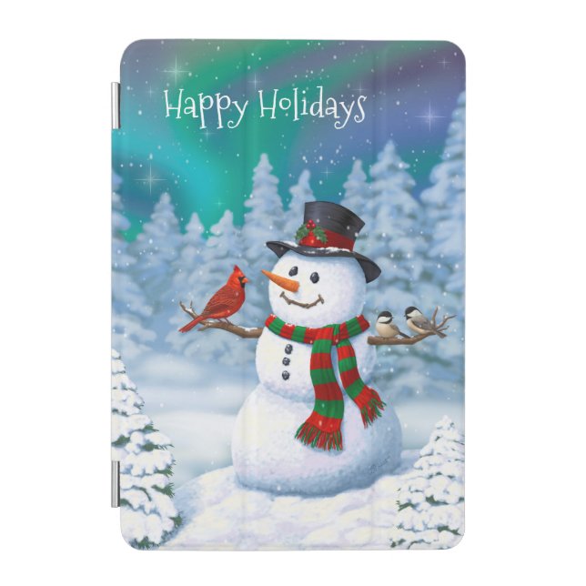Happy Christmas Snowman & Birds Winter Scene iPad Mini Cover (Front)