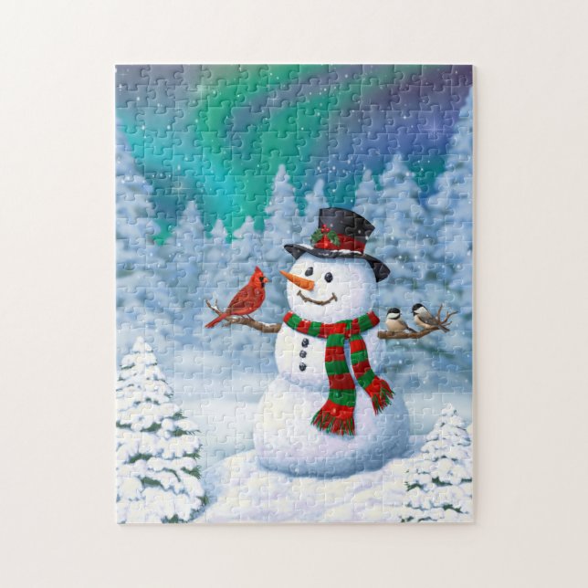 Happy Christmas Snowman & Birds Winter Scene Jigsaw Puzzle (Vertical)