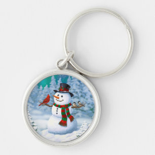 Happy Christmas Snowman & Birds Winter Scene Keychain