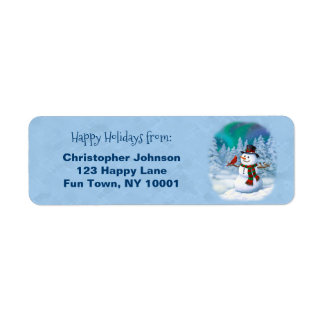 Happy Christmas Snowman & Birds Winter Scene Label